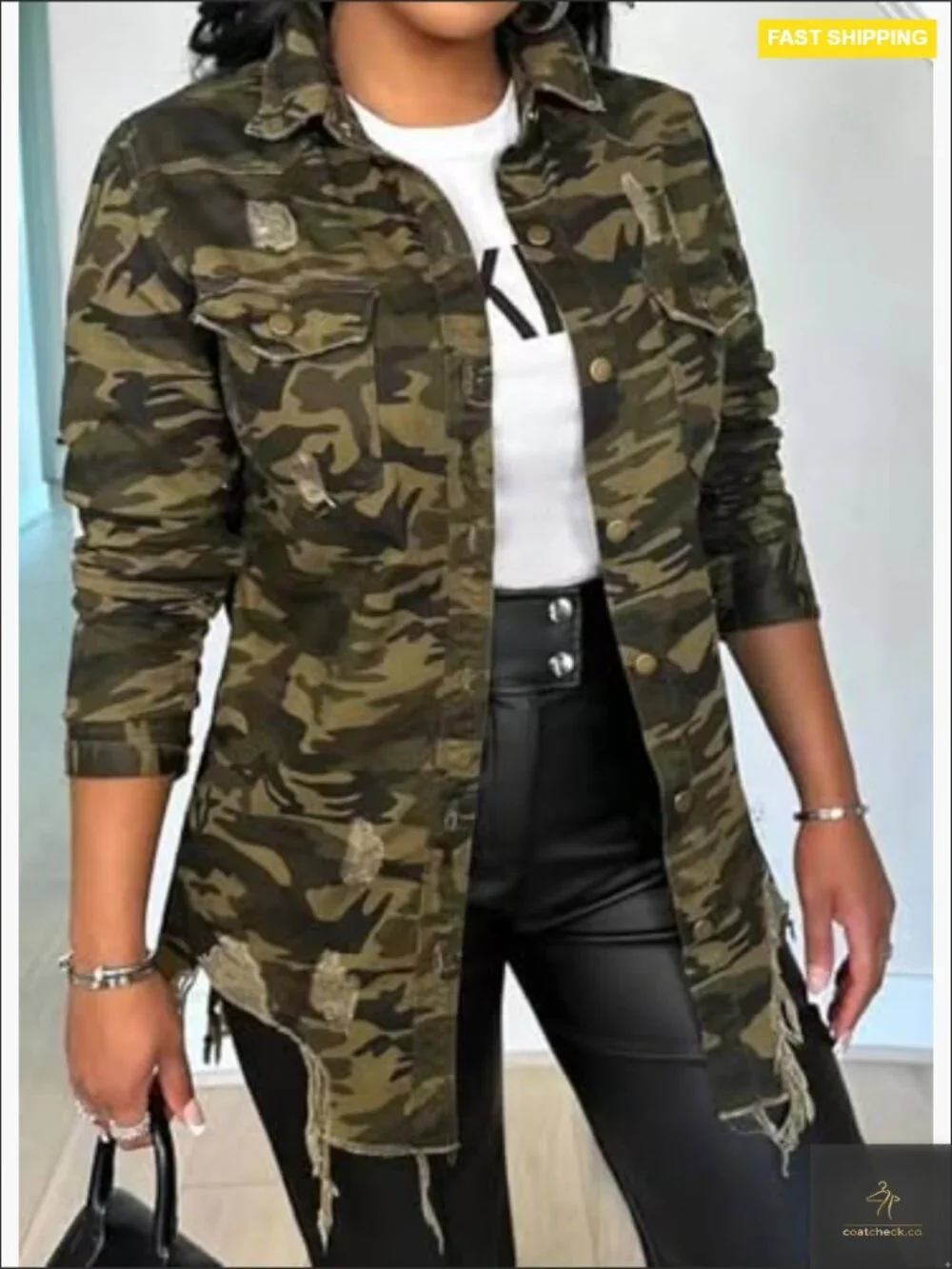 Camo Jacket with Pockets Long Sleeve Button Down Oversized Casual Outerwear Coat - Picture 3 of 5